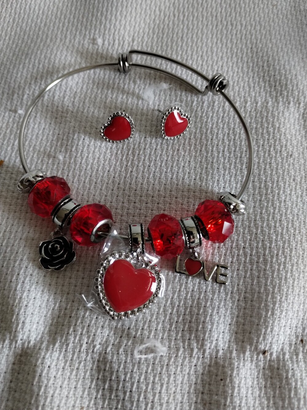 Red Heart Charm Bracelet and Stud Earrings Jewelry Set